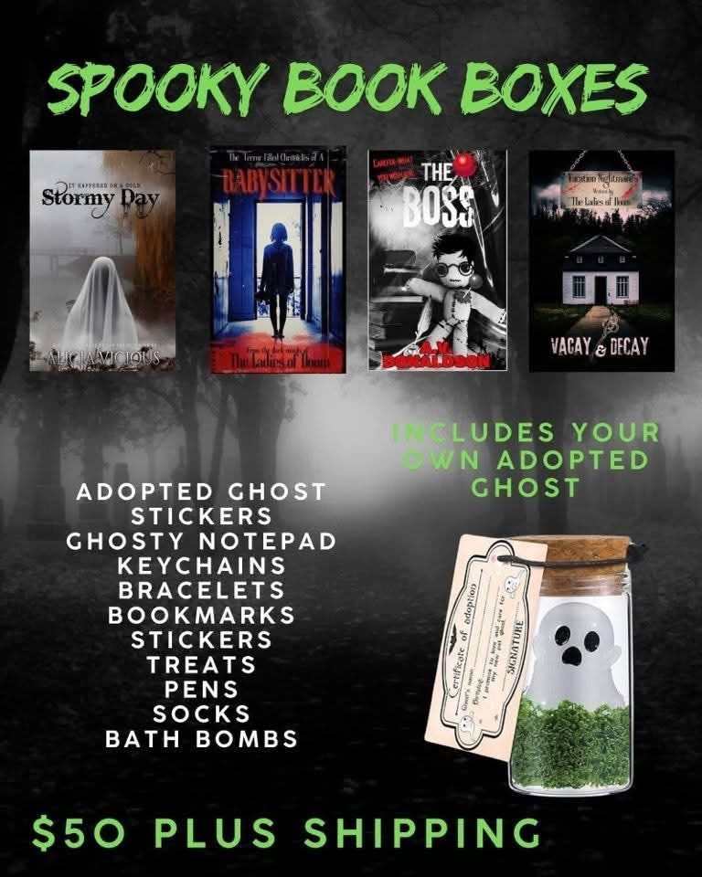 A.V. Donaldson Spooky Book Box: choose one of four novellas — Stormy Day, Babysitter, The Boss, or Vacay & Decay — plus an adopted ghost jar, stickers, keychains, bookmarks, treats, socks, and bath bombs.